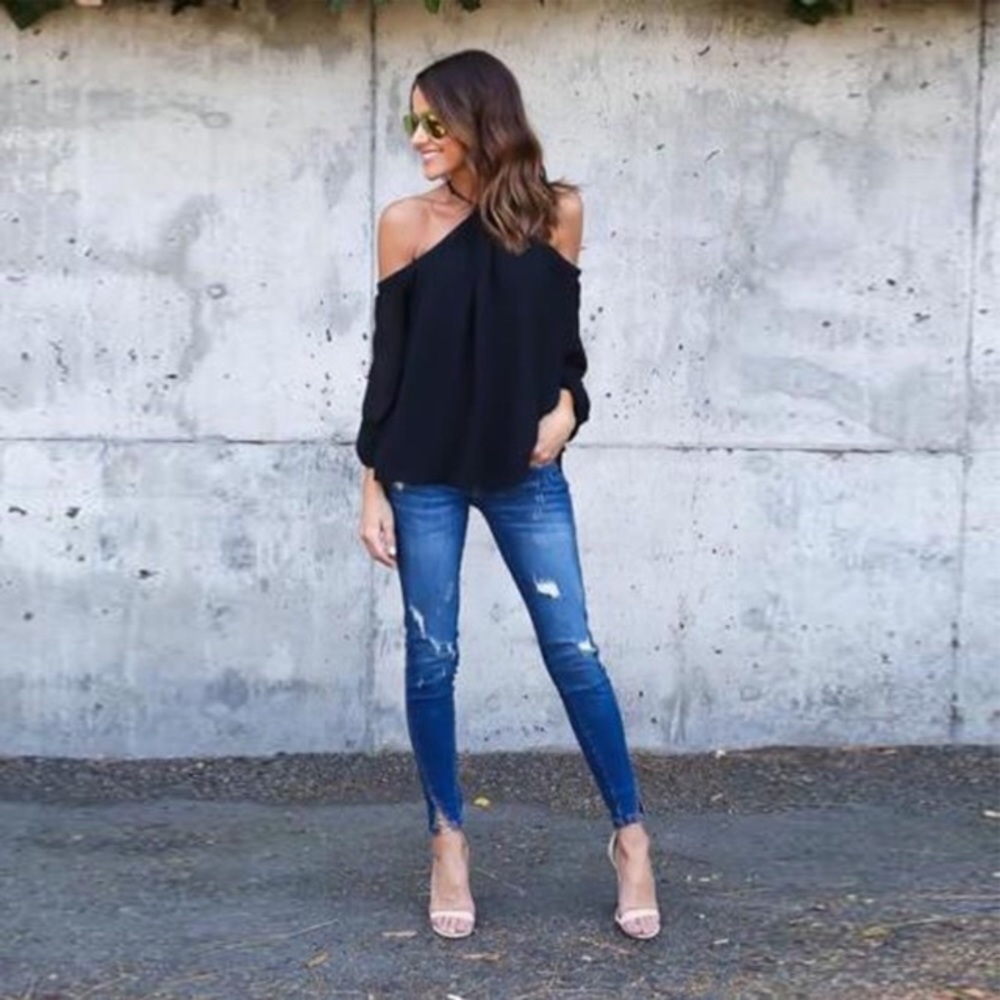 Off Shoulder Halter Long Sleeve Chiffon Blouse - Picture 2 of 6